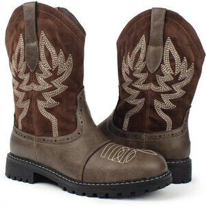 🆕Hawkwell Women's Coffee Fashion Mid Calf Round Toe Embroidered Western Boots